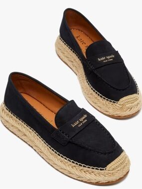 kate spade Black Leather Espadrille Loafers with Jute Trim